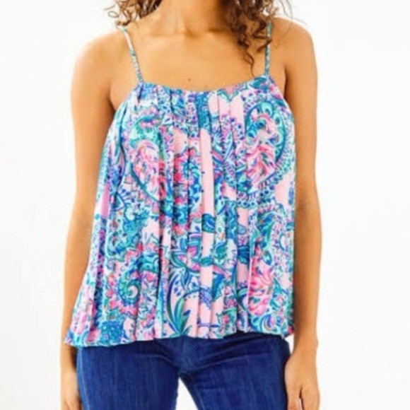 Lilly Pulitzer Rein Cami Pleated Pink Tropics Tint Swing Tank Top - Picture 1 of 3